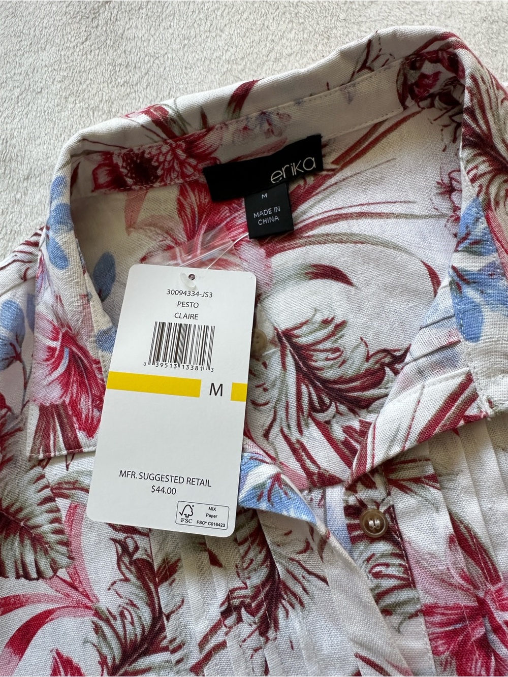 Erika Floral Button Up linen blended Blouse in White Floral Roll-tab sleeves M